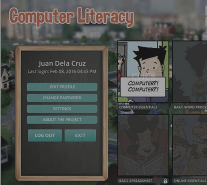 Screenshot of CLICK app on the Menu screen